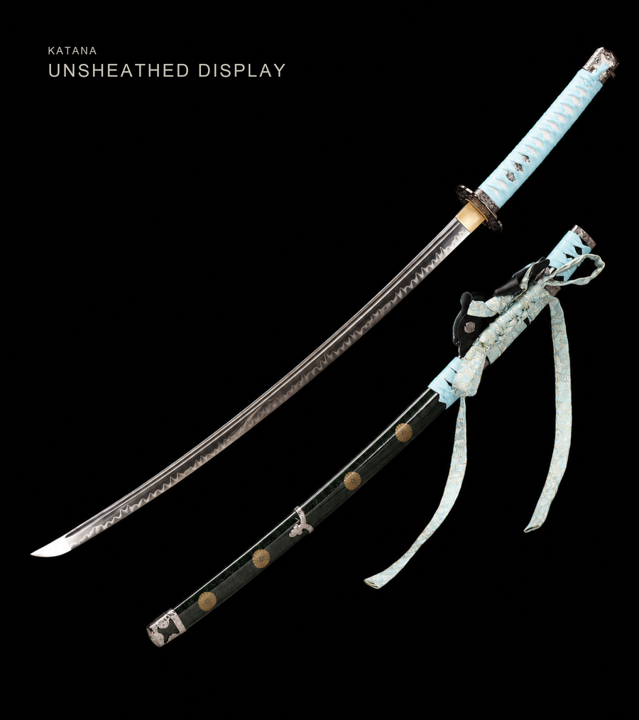 Deep-Curve Tachi — Clay-Tempered T10, Powder-Blue Ito, Kamon Saya — catalogue view, unsheathed full view