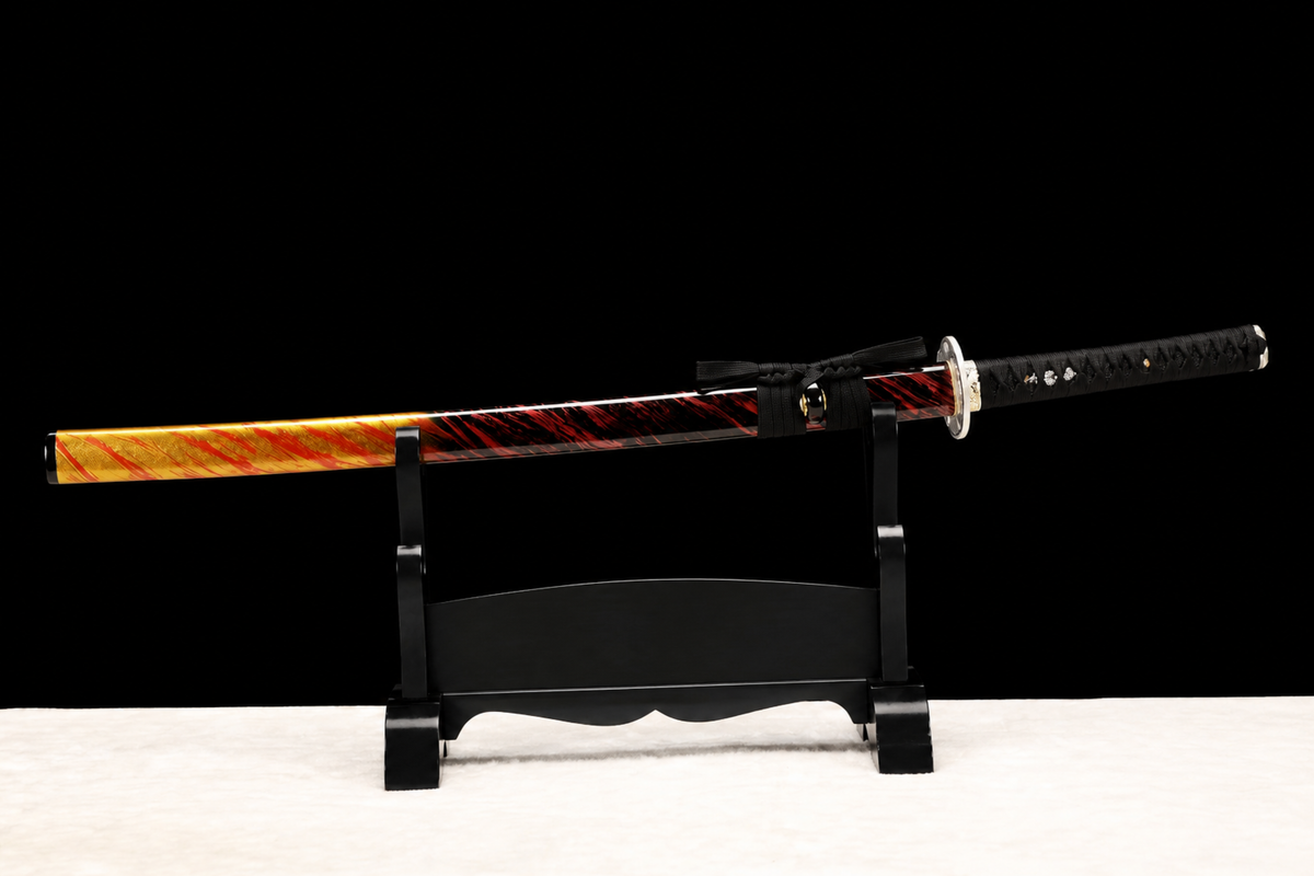 Sea Swallow Katana — Flame-Striped Saya, Silver Mokko Tsuba — sheathed, full view