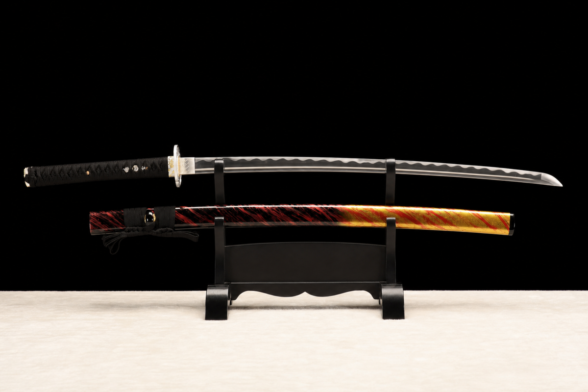 Sea Swallow Katana — Flame-Striped Saya, Silver Mokko Tsuba — drawn, full view