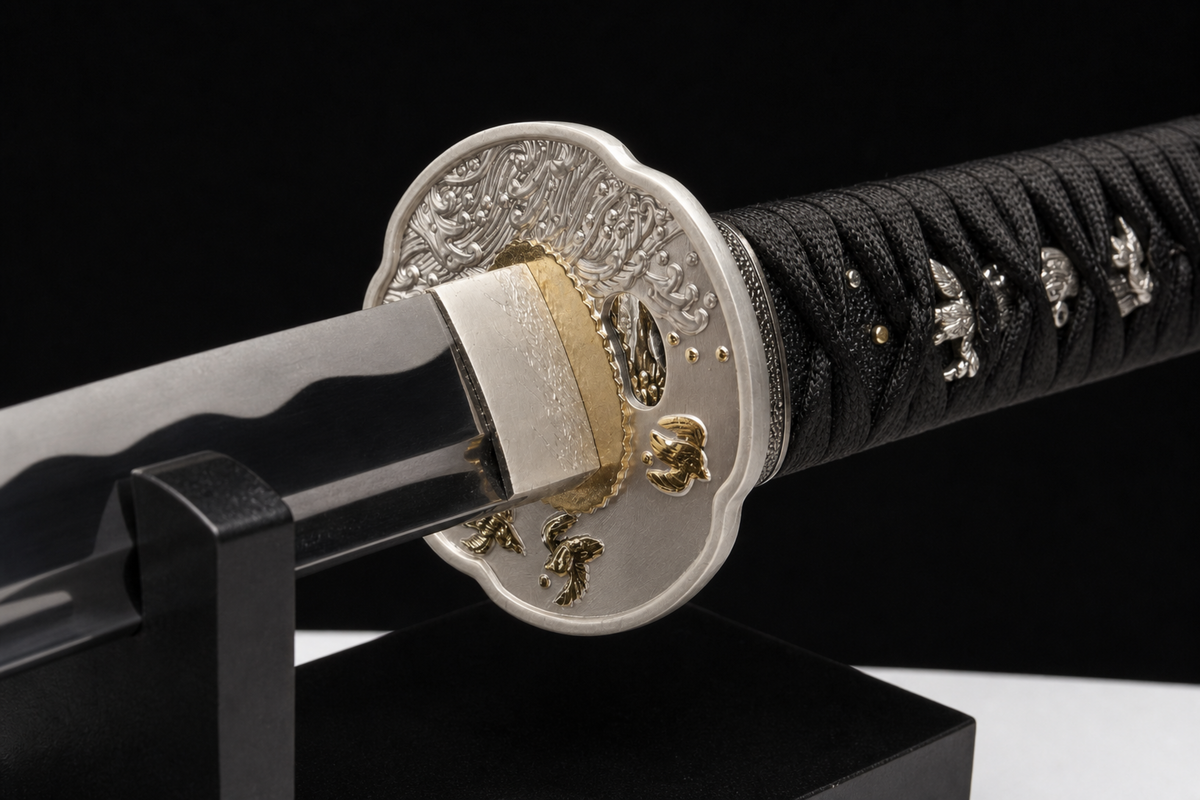 Sea Swallow Katana — Flame-Striped Saya, Silver Mokko Tsuba — tsuka detail