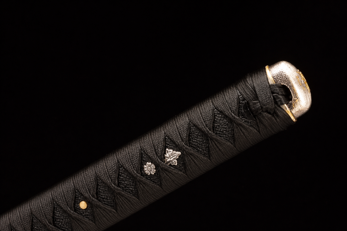Sea Swallow Katana — Flame-Striped Saya, Silver Mokko Tsuba — kashira detail