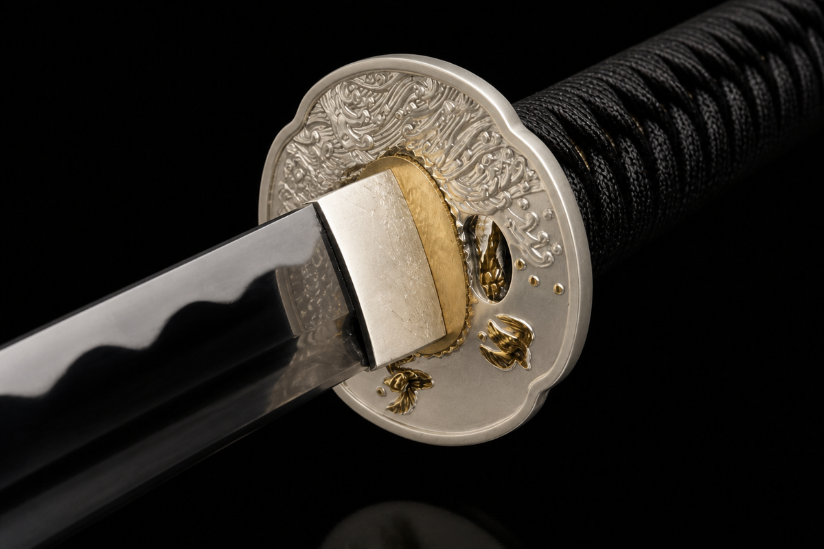 Sea Swallow Katana — Flame-Striped Saya, Silver Mokko Tsuba — tsuba detail