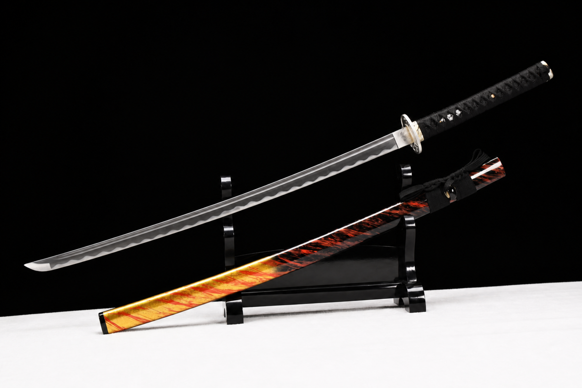 Sea Swallow Katana — Flame-Striped Saya, Silver Mokko Tsuba — drawn, angled full view