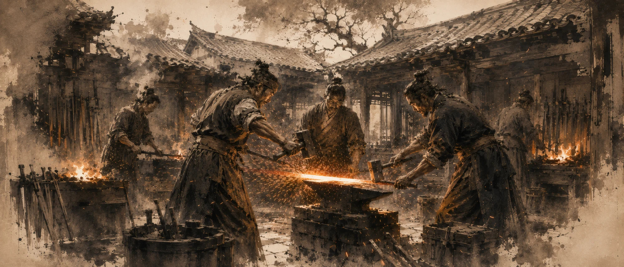 Artistic depiction of ancient Longquan swordsmiths at the forge